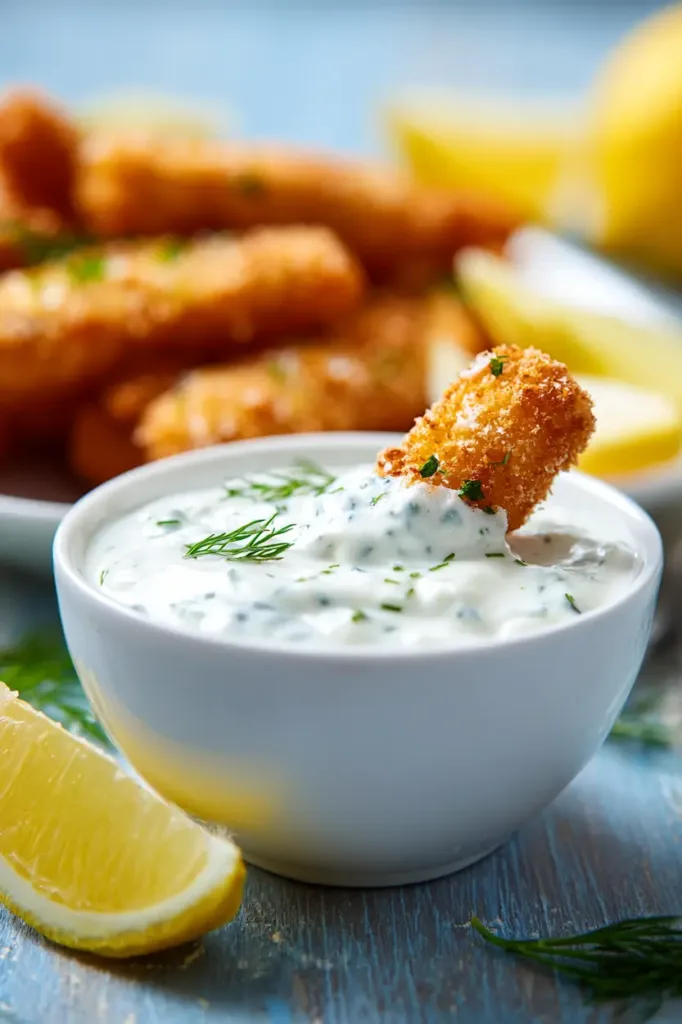 Creamy easy homemade tartar sauce recipe in a white bowl with visible herbs and pickles