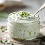 Creamy easy homemade tartar sauce recipe in a glass jar with visible chopped pickles and fresh herbs on a wooden surface
