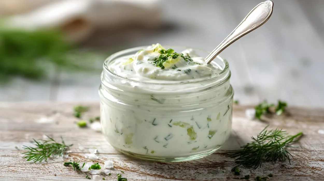 Creamy easy homemade tartar sauce recipe in a glass jar with visible chopped pickles and fresh herbs on a wooden surface