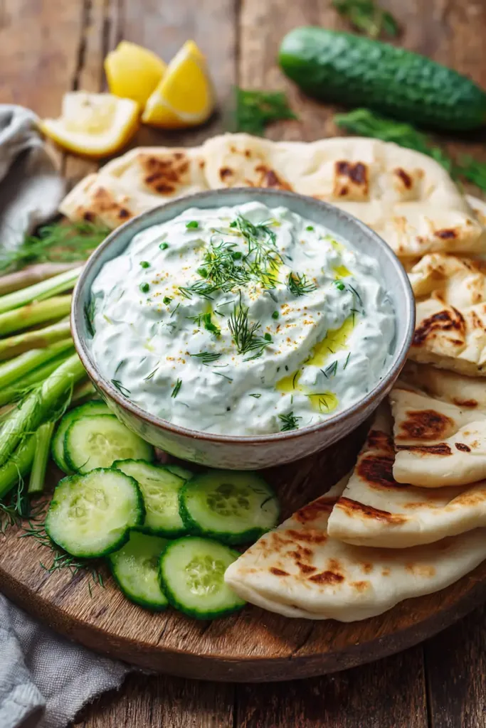 Bowl of creamy homemade tzatziki sauce made with yogurt and cucumber served with pita bread