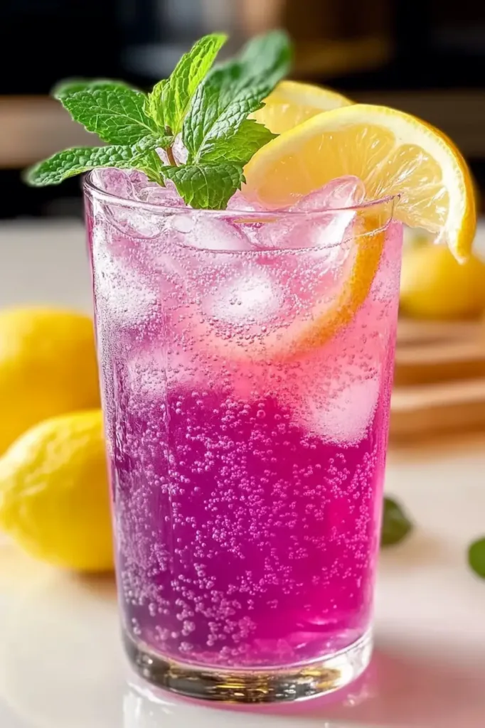 Tall glass of honey lemon pink soda with ice, lemon slices, and mint in bright natural light.