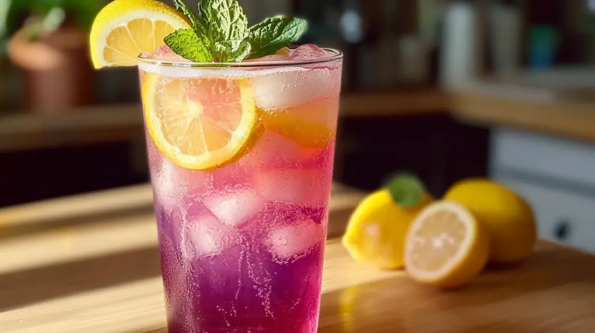 Close-up of honey lemon pink soda in a clear cup with pink to golden yellow gradient, fizzy bubbles, ice cubes, lemon slice, mint leaves, and condensation in warm sunlight on a wooden table.