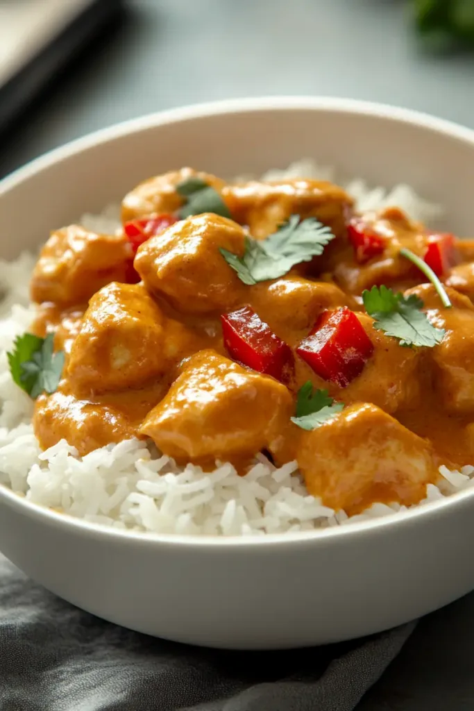 Easy Instant Pot Coconut Chicken Curry (Creamy, High-Protein & Family-Friendly) 2 Creamy instant pot coconut chicken curry served over basmati rice with fresh cilantro garnish.