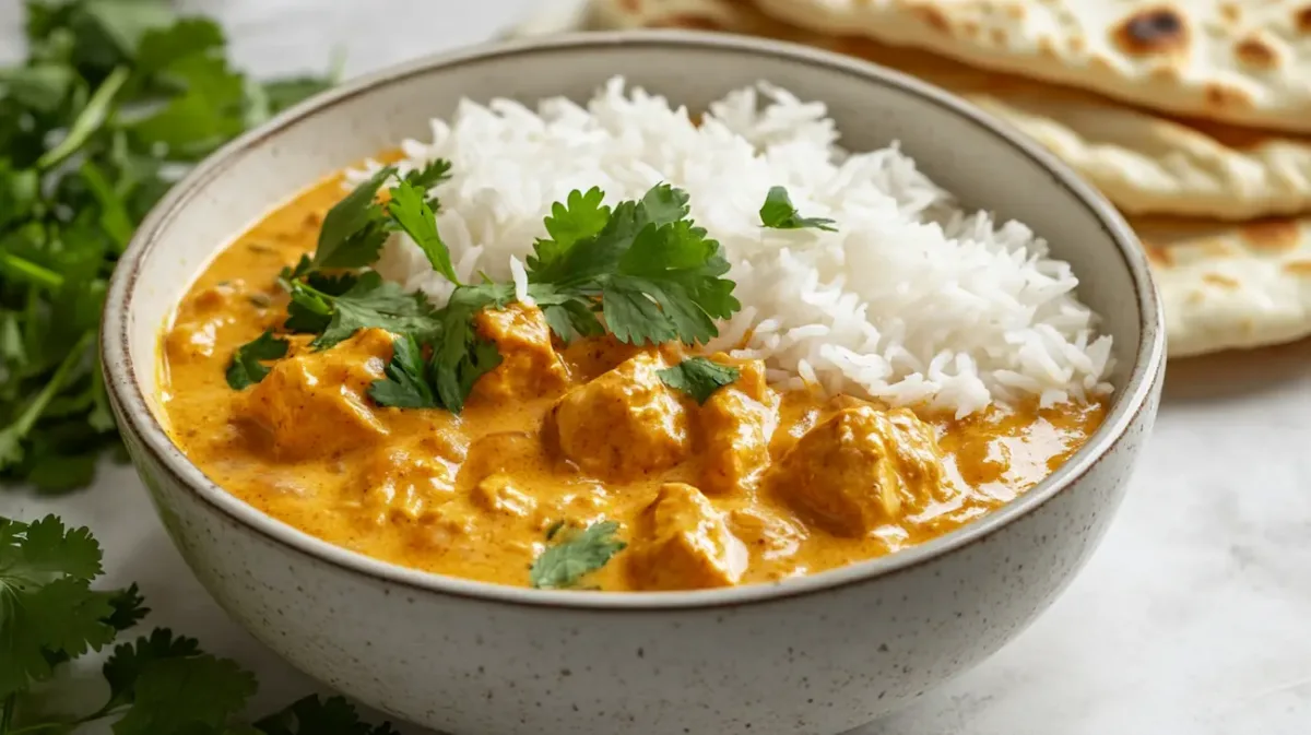 Easy Instant Pot Coconut Chicken Curry (Creamy, High-Protein & Family-Friendly) 1 Creamy Instant Pot coconut chicken curry served over basmati rice with fresh cilantro and naan on the side in a white bowl.