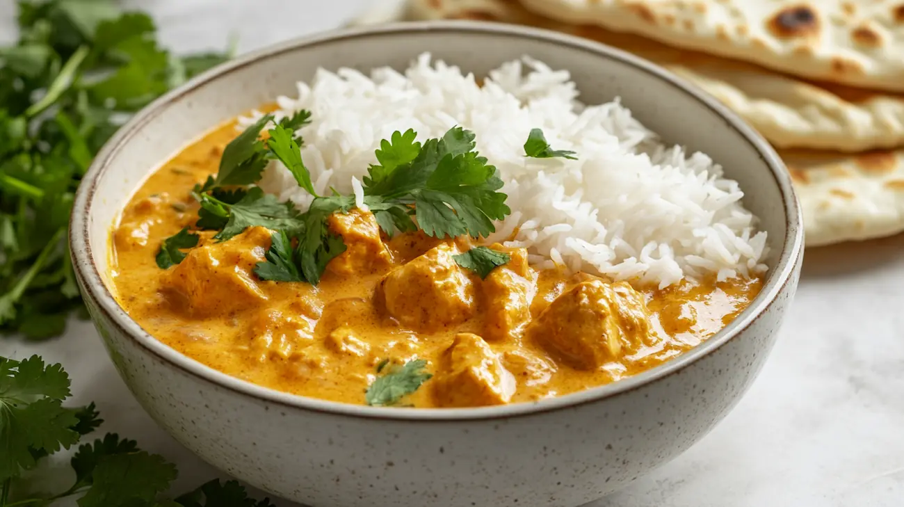 Creamy Instant Pot coconut chicken curry served over basmati rice with fresh cilantro and naan on the side in a white bowl.