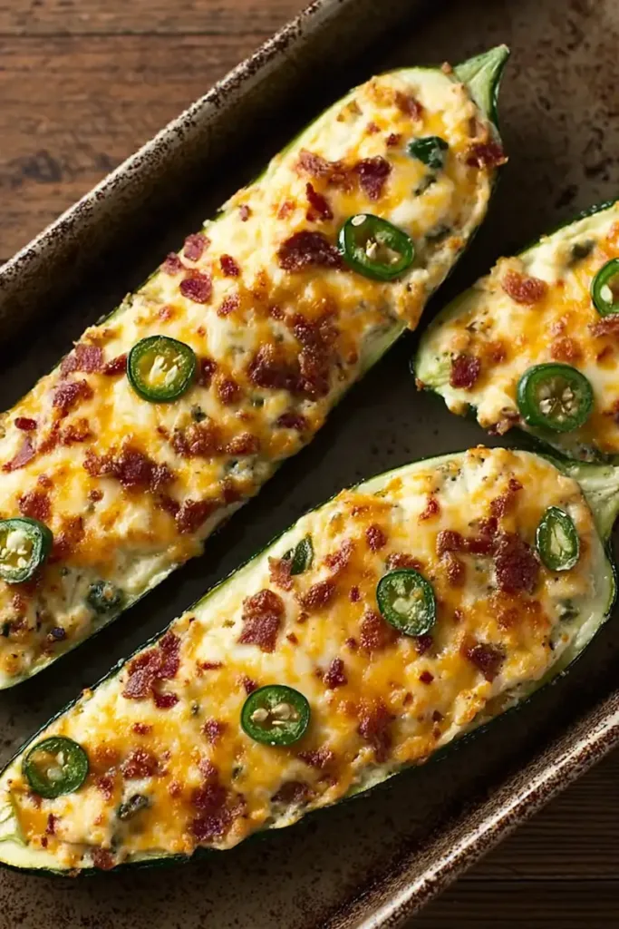 Baked jalapeno popper zucchini boats topped with melted cheese and sliced jalapeños