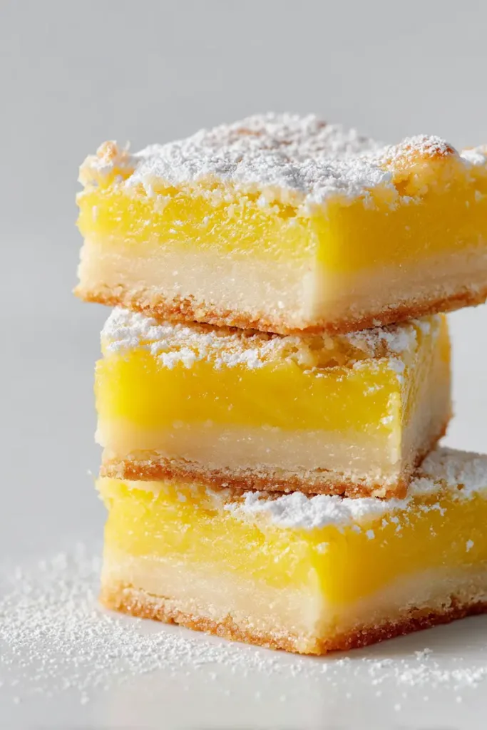 Stacked easy lemon bars recipe with lemon juice, topped with powdered sugar and bright yellow filling