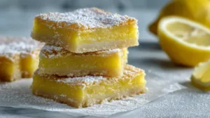 Stacked lemon bars recipe with lemon juice, buttery shortbread crust and bright yellow filling dusted with powdered sugar
