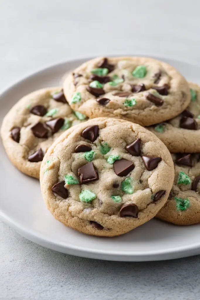 Easy Mint Chocolate Chip Cookies (Soft & Chewy, High-Protein Option) 2 Stack of soft and chewy mint chocolate chip cookies with chocolate chips and green mint chips on a white plate