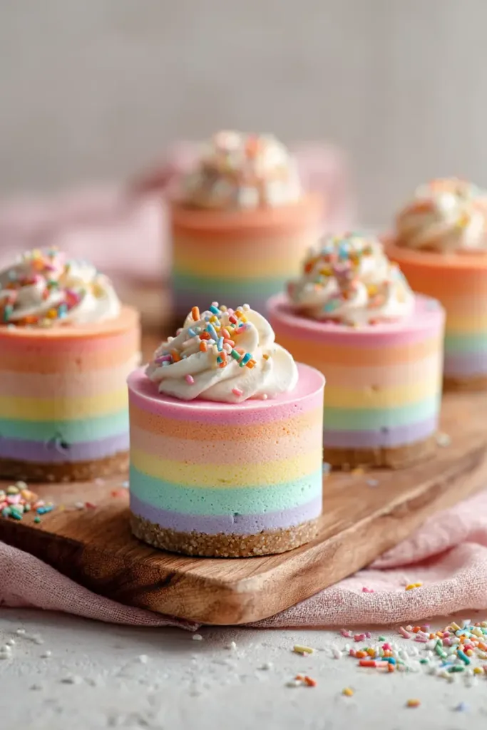 No Bake Easter Mini Cheesecakes Easy Recipe 2 Pastel layered no bake Easter mini cheesecakes topped with whipped cream and sprinkles on a white surface.