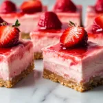 Creamy no-bake strawberry cheesecake bars sliced into squares with graham cracker crust and fresh strawberry topping on a marble surface.