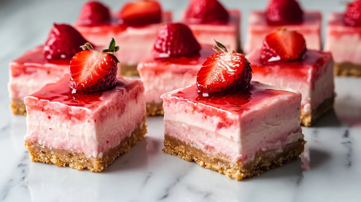 Creamy no-bake strawberry cheesecake bars sliced into squares with graham cracker crust and fresh strawberry topping on a marble surface.