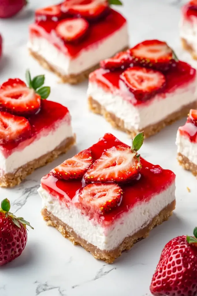 Easy No-Bake Strawberry Cheesecake Bars (Creamy & Budget-Friendly) 2 Stacked no-bake strawberry cheesecake bars with graham cracker crust and fresh strawberry topping on white surface.