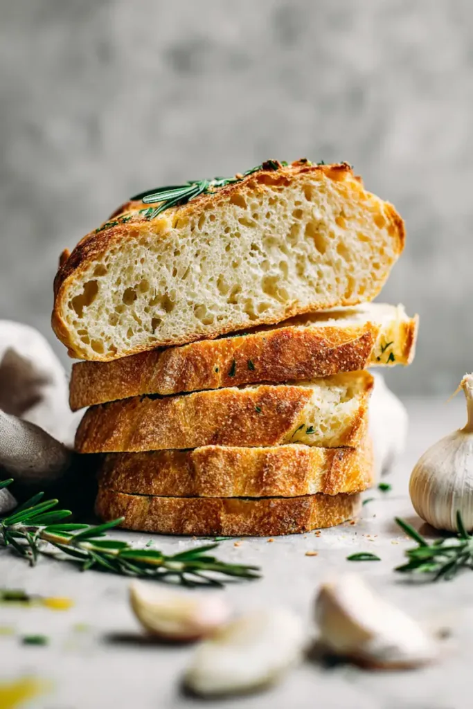 Sliced no knead rosemary garlic bread with crispy crust and soft interior on wooden board