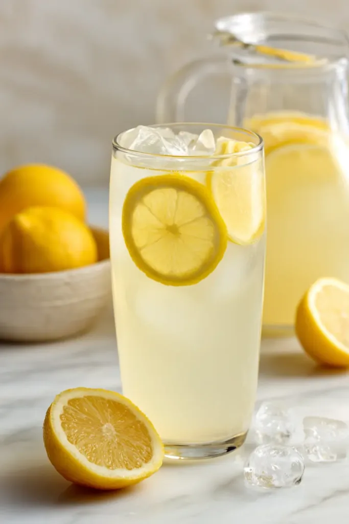 Tall glass of old fashioned homemade lemonade with lemon slices and ice cubes on a bright summer table