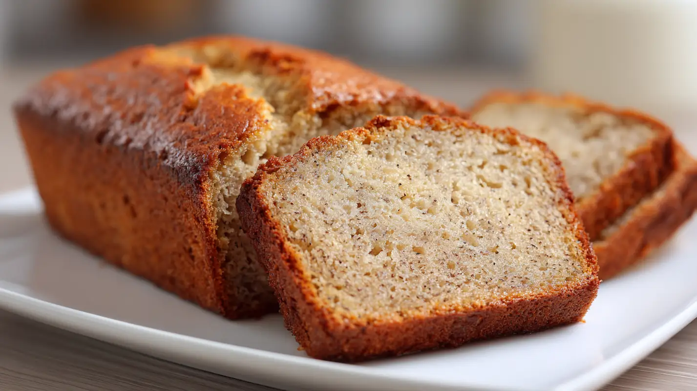 Moist one-bowl banana bread sliced on a white plate, homemade banana bread recipe with golden crust