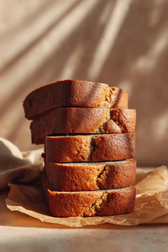 Sliced one-bowl banana bread with a golden crust on a white plate, easy banana bread recipe baked at home