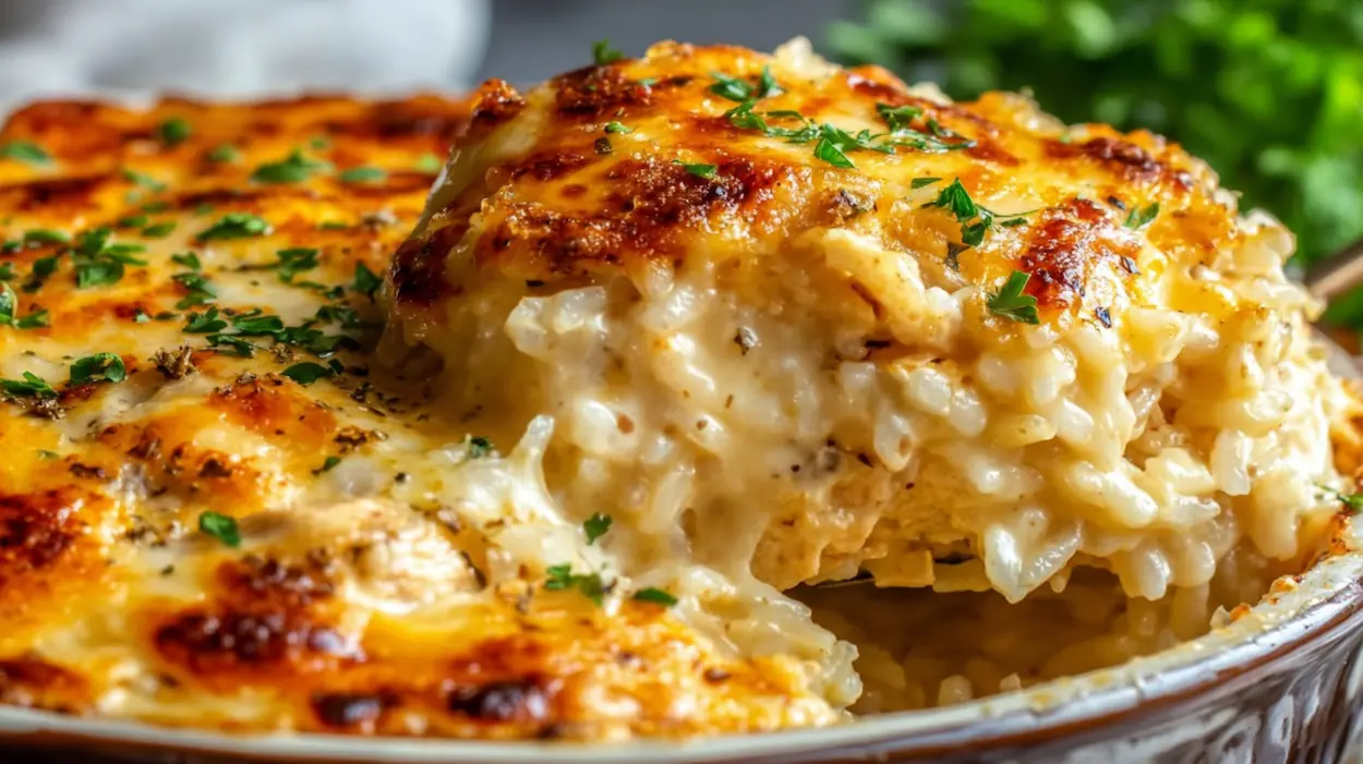 One-pan cheesy chicken and rice casserole baked until golden and bubbly in a casserole dish