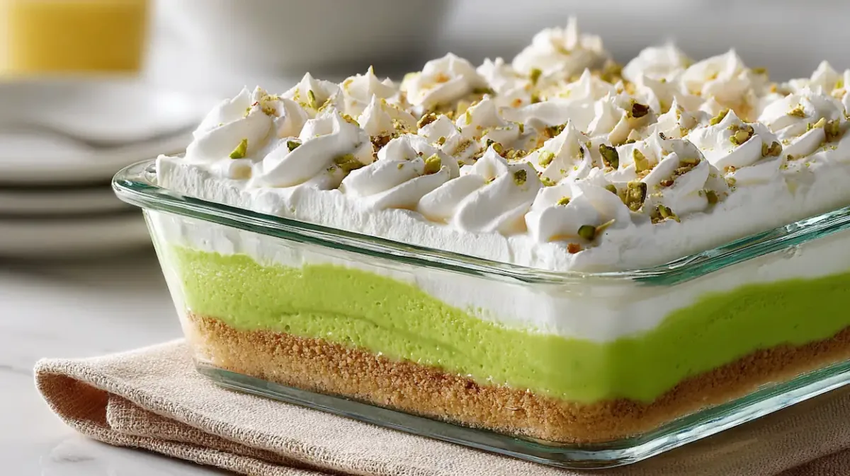 Easy Pistachio Dessert (Creamy Lush Recipe You’ll Make Again and Again) 1 Layered pistachio dessert in a glass baking dish with buttery crust, creamy filling, green pistachio pudding layer, and whipped topping