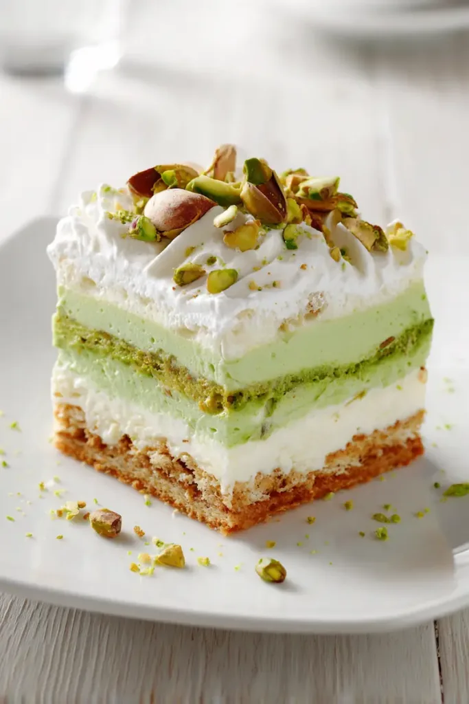 Easy Pistachio Dessert (Creamy Lush Recipe You’ll Make Again and Again) 2 Layered pistachio dessert with creamy filling and whipped topping on a white plate