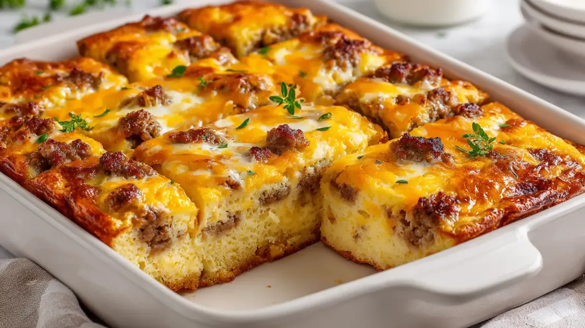 Easy Sausage and Egg Casserole (Breakfast or Dinner Favorite) 1 Golden baked sausage and egg casserole sliced into squares, with fluffy eggs, browned sausage, and melted cheese on top, served in a white baking dish