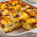 Golden baked sausage and egg casserole sliced into squares, with fluffy eggs, browned sausage, and melted cheese on top, served in a white baking dish