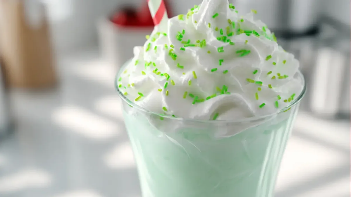 Creamy homemade shamrock shake topped with whipped cream and green sprinkles in a tall clear glass.