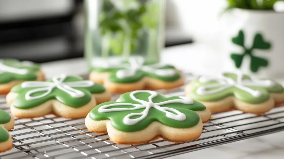 Easy Shamrock Sugar Cookies for St Patrick's Day 1 Shamrock sugar cookies for St Patrick’s Day with green and white icing and gold sprinkles on a cooling rack in natural light