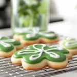 Easy Shamrock Sugar Cookies for St Patrick's Day Shamrock sugar cookies for St Patrick’s Day with green and white icing and gold sprinkles on a cooling rack in natural light