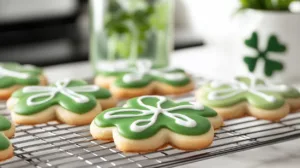 Shamrock sugar cookies for St Patrick’s Day with green and white icing and gold sprinkles on a cooling rack in natural light