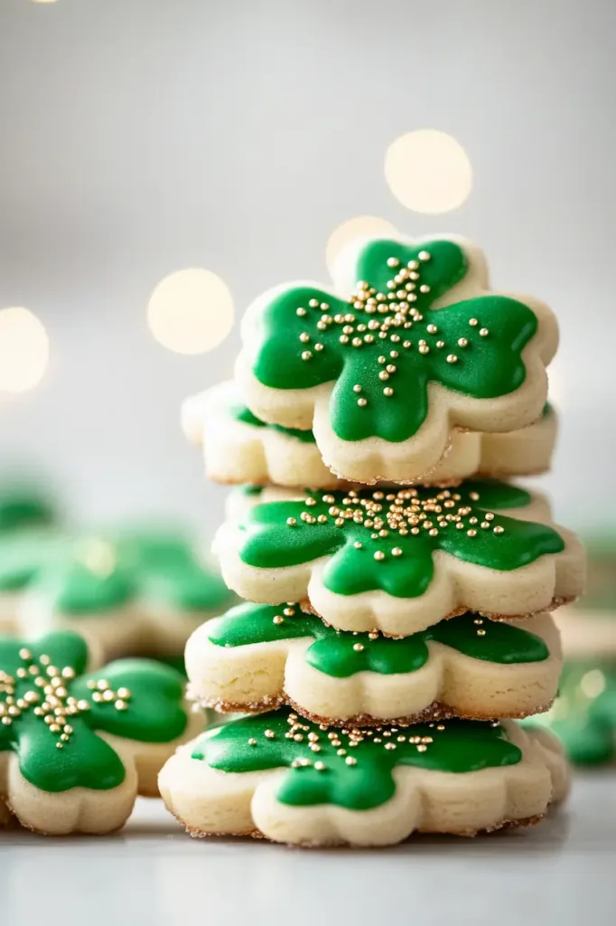 Easy Shamrock Sugar Cookies for St Patrick's Day 2 Stacked shamrock sugar cookies with green icing and sprinkles for St Patrick’s Day