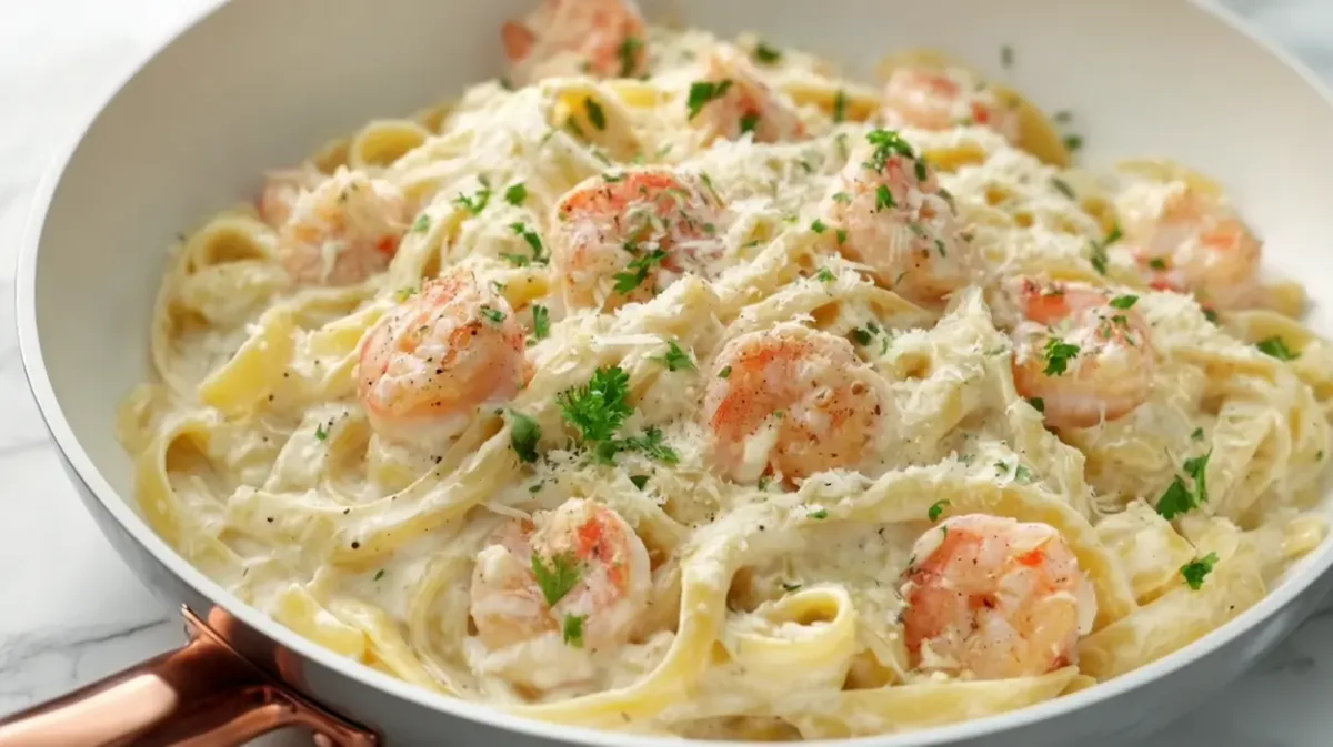 Easy Shrimp Alfredo Recipe (High-Protein, Family-Friendly Dinner) 1 Creamy Shrimp Alfredo served with fettuccine pasta, juicy sautéed shrimp, and freshly grated Parmesan in a white bowl.