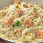 Creamy Shrimp Alfredo served with fettuccine pasta, juicy sautéed shrimp, and freshly grated Parmesan in a white bowl.