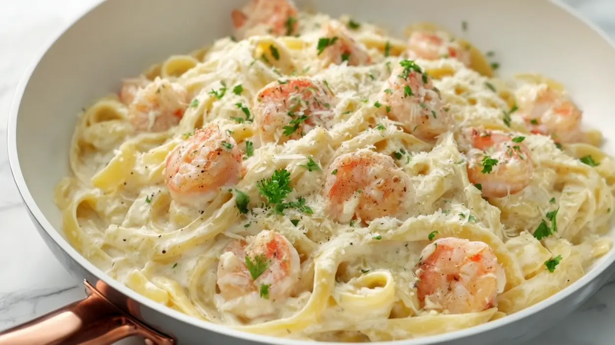 Easy Shrimp Alfredo Recipe (High-Protein, Family-Friendly Dinner) 4 Creamy Shrimp Alfredo served with fettuccine pasta, juicy sautéed shrimp, and freshly grated Parmesan in a white bowl.