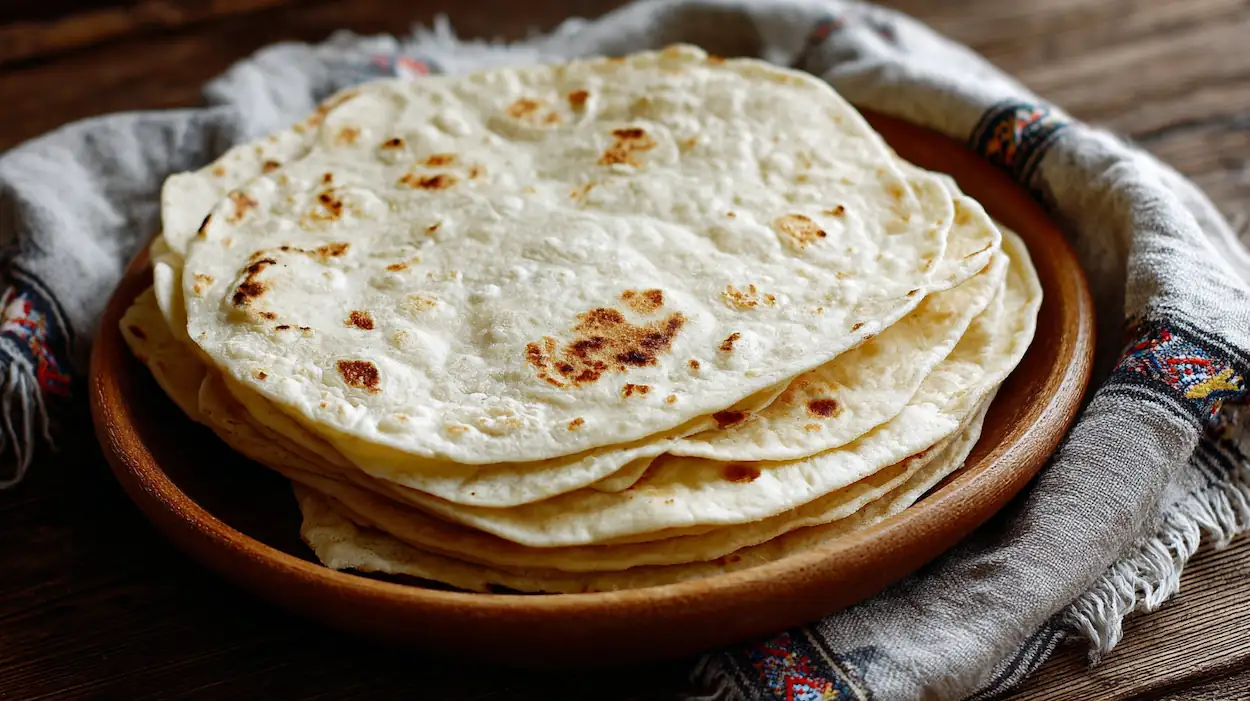 Stack of soft homemade sourdough discard tortillas with golden brown spots on a plate, ready for tacos.