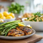Easy Spring Dinner Ideas for Busy Weeknights Fresh spring dinner ideas featuring chicken Caesar wraps, lemon garlic chicken with asparagus, and pasta primavera with peas and cherry tomatoes in bright natural light.