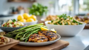 Fresh spring dinner ideas featuring chicken Caesar wraps, lemon garlic chicken with asparagus, and pasta primavera with peas and cherry tomatoes in bright natural light.