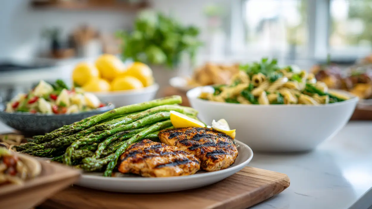 Fresh spring dinner ideas featuring chicken Caesar wraps, lemon garlic chicken with asparagus, and pasta primavera with peas and cherry tomatoes in bright natural light.