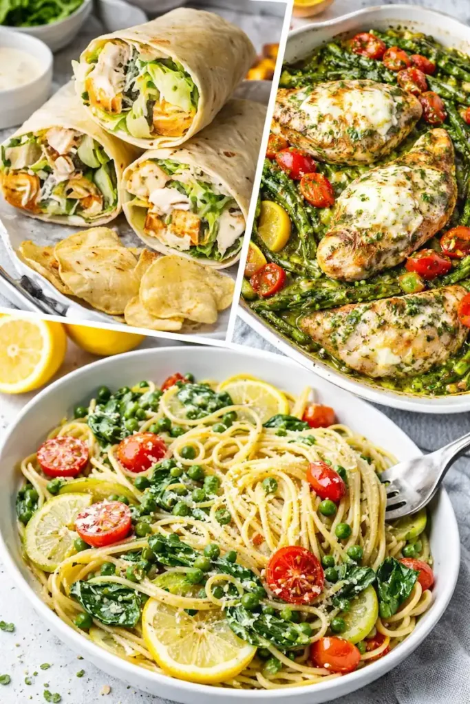 A table filled with fresh spring dinner ideas including chicken caesar wraps, lemon chicken, pasta primavera, and seasonal vegetables in bright natural light.