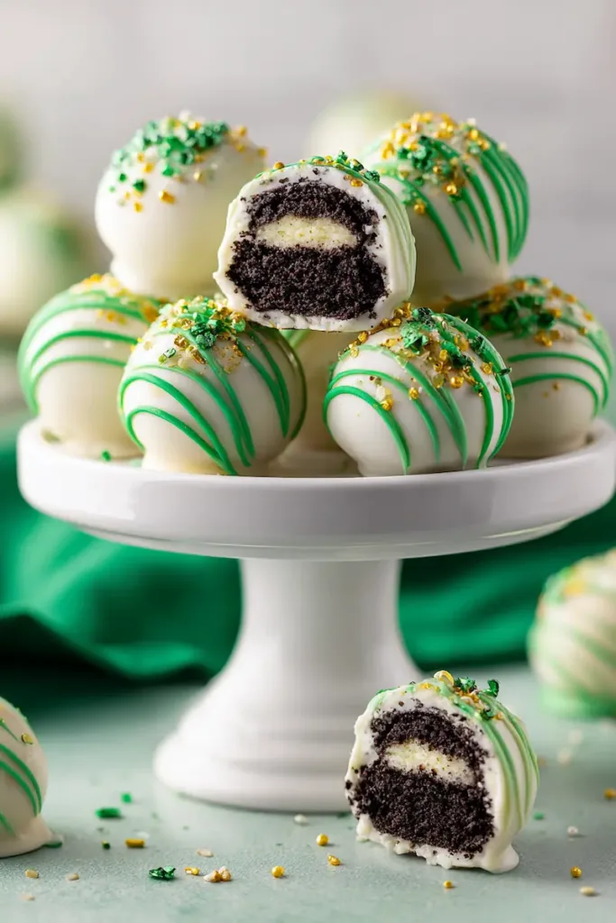 White chocolate coated St. Patrick’s Day Oreo balls with green drizzle and sprinkles on a white serving plate