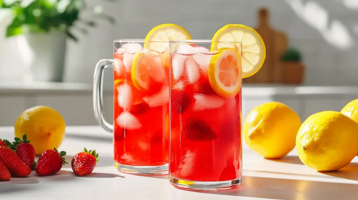 Glass pitcher and two glasses of easy strawberry lemonade filled with ice, garnished with fresh lemon slices and whole strawberries on a bright kitchen table.