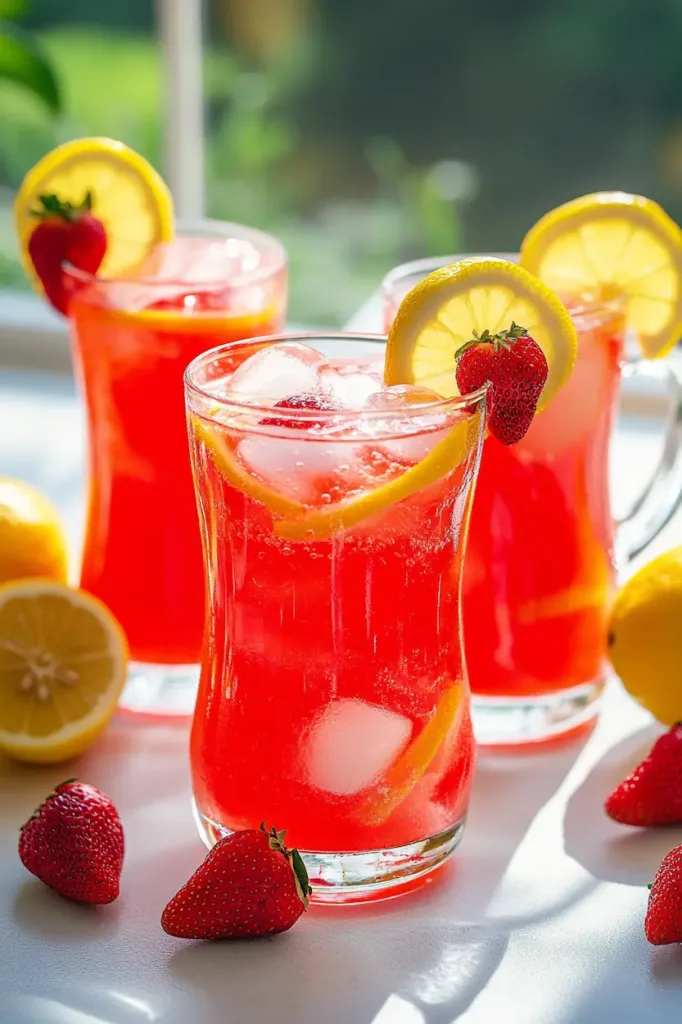 Tall glass of easy strawberry lemonade with ice, lemon slice, and fresh strawberry garnish on a bright kitchen table.