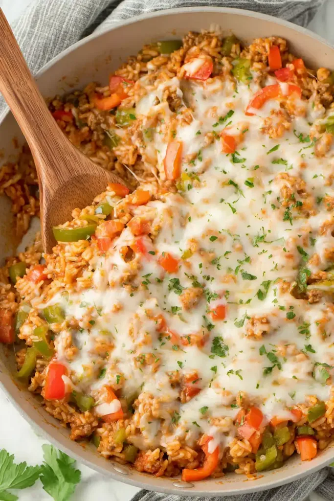 One-pan stuffed pepper casserole with melted cheese, bell peppers, rice, and sausage in a skillet