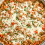 One-pan stuffed pepper casserole with melted cheese, bell peppers, rice, and ground sausage in a skillet