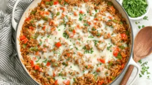 One-pan stuffed pepper casserole with melted cheese, bell peppers, rice, and ground sausage in a skillet