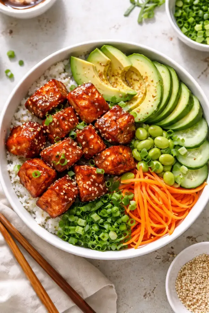 Teriyaki salmon sushi bowl with rice, avocado, cucumber, and edamame in a ceramic bowl