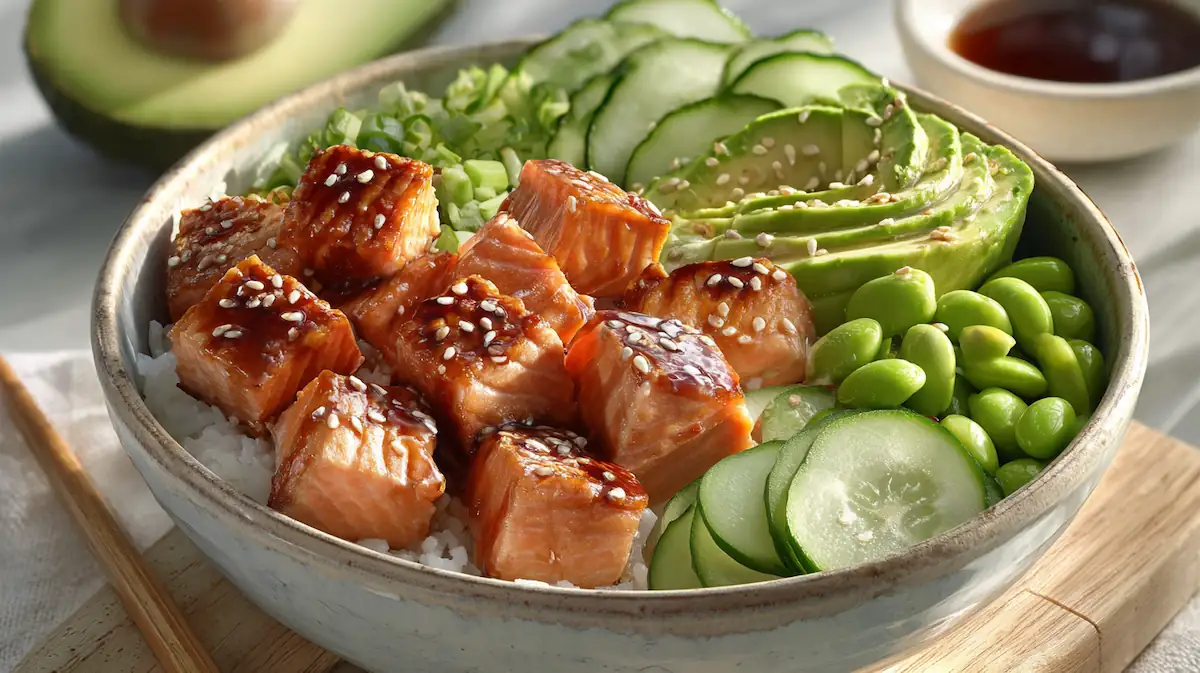 Teriyaki salmon sushi bowl with glazed salmon, sushi rice, avocado, cucumber, and edamame in a ceramic bowl.
