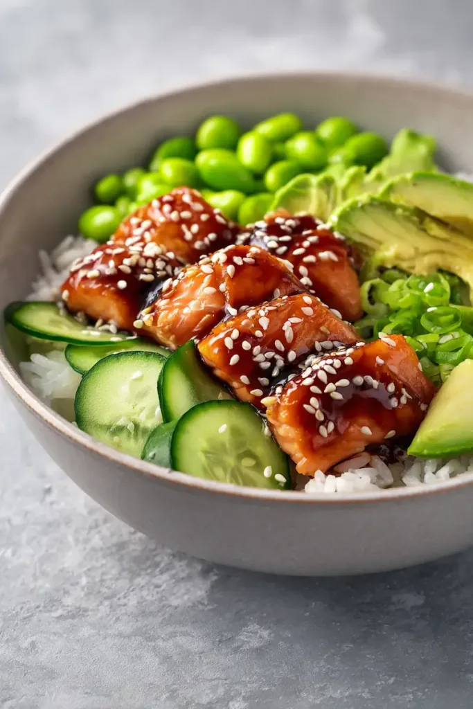 Teriyaki salmon sushi bowl with rice, avocado, cucumber, and edamame in a ceramic bowl