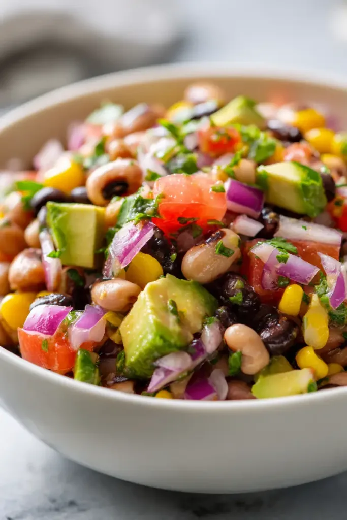 Colorful bowl of Texas caviar made with black beans, black-eyed peas, corn, tomatoes, and avocado.