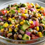 Colorful bowl of Texas caviar made with black beans, black-eyed peas, corn, tomatoes, red onion, cilantro, and avocado in natural light.